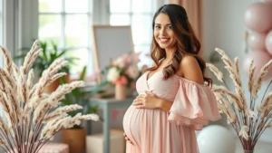 Expectant mother in elegant blush-colored maternity dress surrounded by pastel decorations, smiling warmly at camera in bright indoor setting with soft natural lighting
