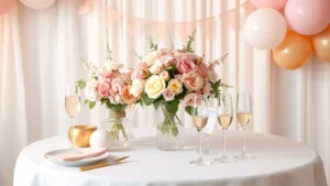 Elegant baby girl shower setup with soft pink and gold decorations, floral centerpieces, and champagne glasses on white tablecloth
