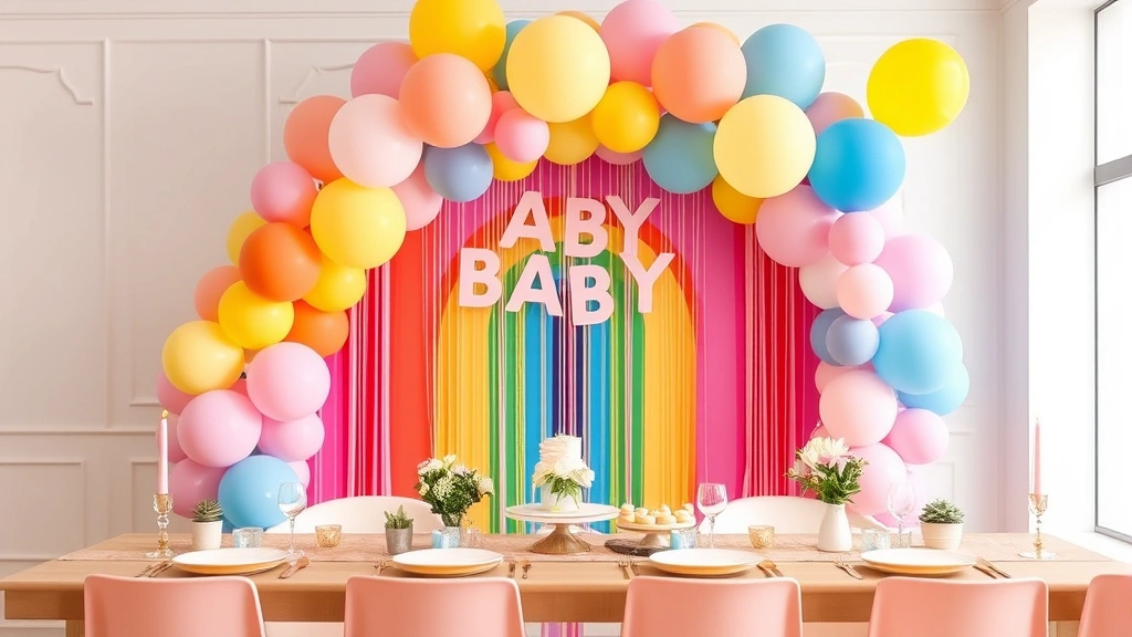 Colorful rainbow-themed baby shower with pastel balloons, geometric decorations, and modern minimalist table settings