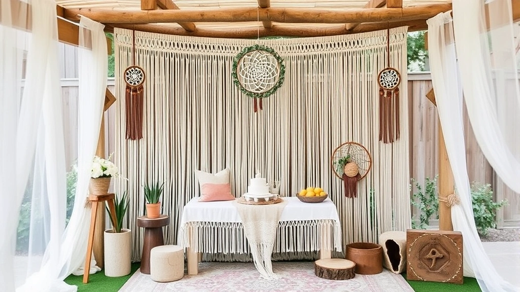 Boho-chic outdoor garden baby shower with macramé backdrop, flowing fabrics, dreamcatchers, and natural wood elements
