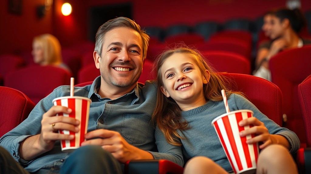 A parent and young daughter sitting together in a movie theater with popcorn and drinks, both smiling and looking at the screen with warm lighting