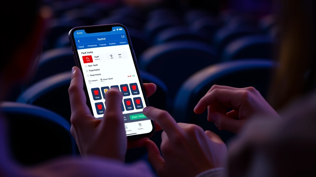 Close-up of a family's hands selecting seats on a movie theater booking app displayed on a smartphone screen with theater seating map visible