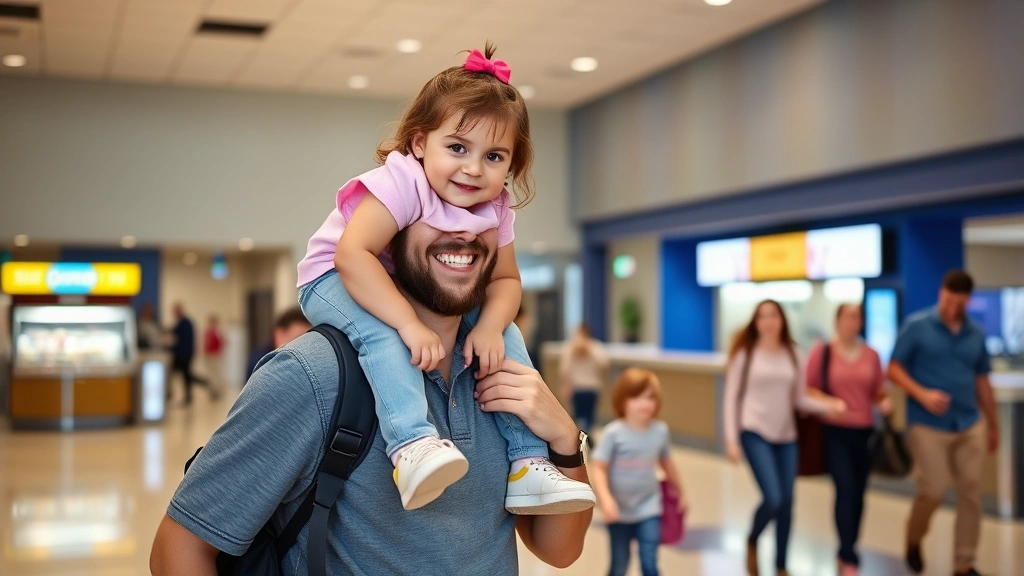 A father holding a toddler girl on his shoulders in a bright, clean movie theater lobby with concession stand in background and other families walking around