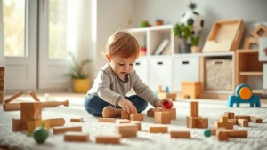 Young toddler in soft natural light exploring wooden blocks and toys independently on a light carpet, surrounded by age-appropriate learning materials, peaceful home environment
