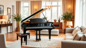 Elegant baby grand piano in warm family living room with soft lighting and comfortable seating no text no words no letters