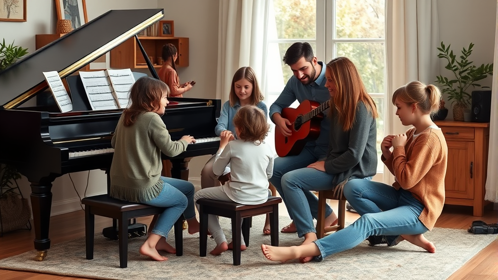 Family of different ages gathered around baby grand piano making music together in cozy home setting no text no words no letters