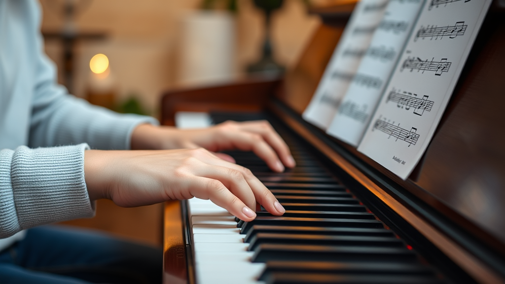 Close up hands of parent and child playing piano keys together with sheet music and warm atmosphere no text no words no letters