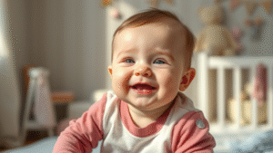 Happy smiling baby in cozy nursery setting with soft natural lighting, peaceful expression, no text no words no letters