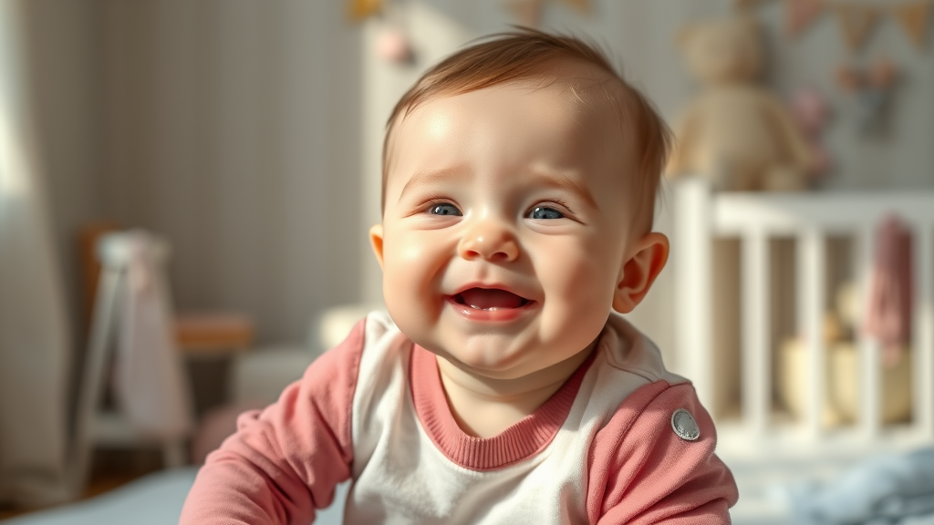 Happy smiling baby in cozy nursery setting with soft natural lighting, peaceful expression, no text no words no letters