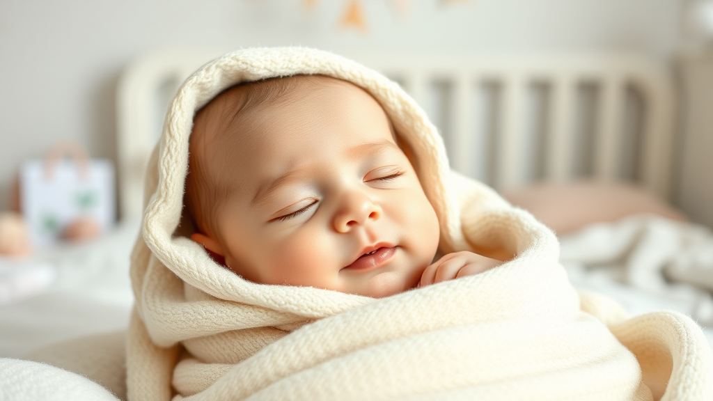 Calm baby wrapped in soft blanket showing content peaceful expression, serene nursery background, no text no words no letters