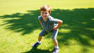 Young child in athletic stance on grass field, wearing casual sports clothing, smiling confidently at camera, sunny outdoor setting, natural lighting