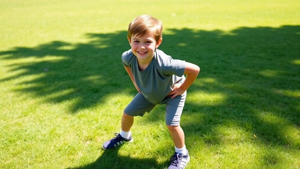 Young child in athletic stance on grass field, wearing casual sports clothing, smiling confidently at camera, sunny outdoor setting, natural lighting