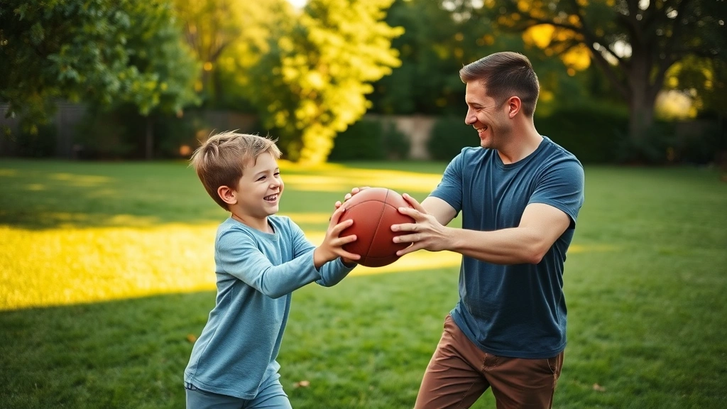 Father and young son playing catch with football in backyard, both laughing, green grass and trees in background, golden hour lighting, genuine family moment