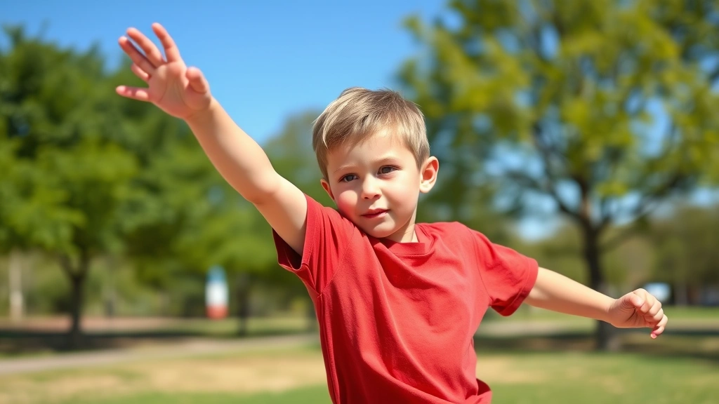 Five-year-old child performing athletic movement or throwing motion in park, focused expression, clear blue sky background, athletic development captured naturally