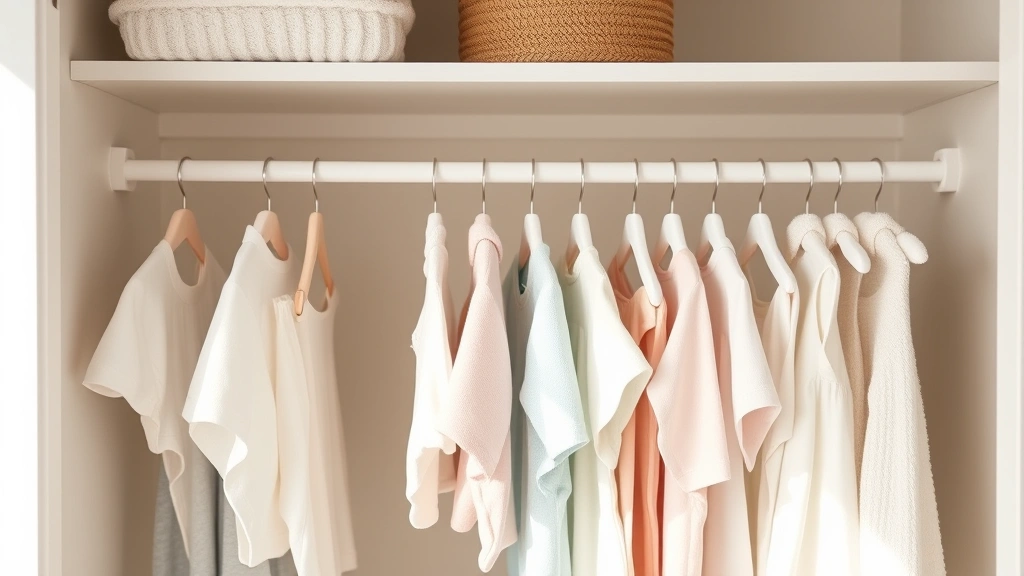 Neatly organized nursery closet with tiny pastel velvet hangers holding baby clothes, soft natural lighting, minimalist aesthetic