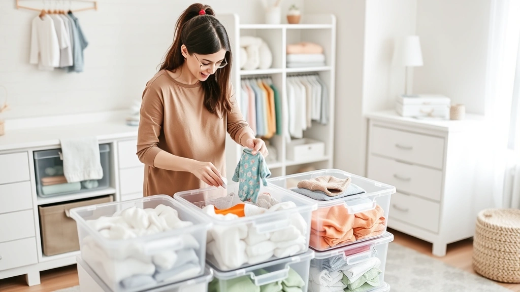 Parent sorting baby clothes into clear plastic bins and drawers in a bright, modern nursery room with white furniture