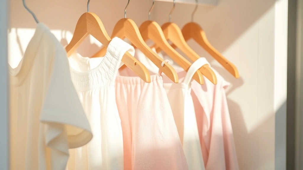 Close-up of delicate baby garments hanging on wooden hangers in a sunlit closet with white walls and soft shadows