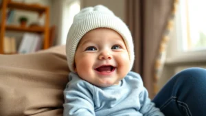 Close-up of a smiling six-month-old baby wearing a soft cotton beanie, sitting on parent's lap indoors with natural window light, showing proper fit and comfort