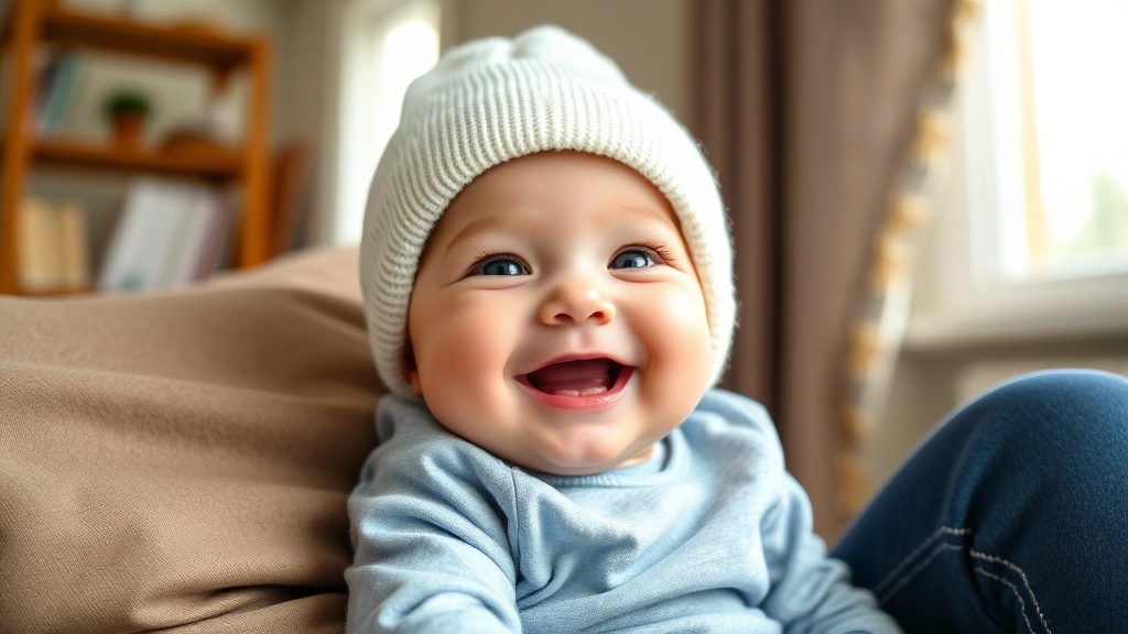 Close-up of a smiling six-month-old baby wearing a soft cotton beanie, sitting on parent's lap indoors with natural window light, showing proper fit and comfort