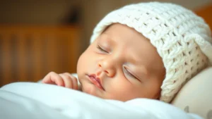 Newborn baby wearing a soft white knit hospital hat, close-up of peaceful sleeping infant face, warm lighting, natural nursery background