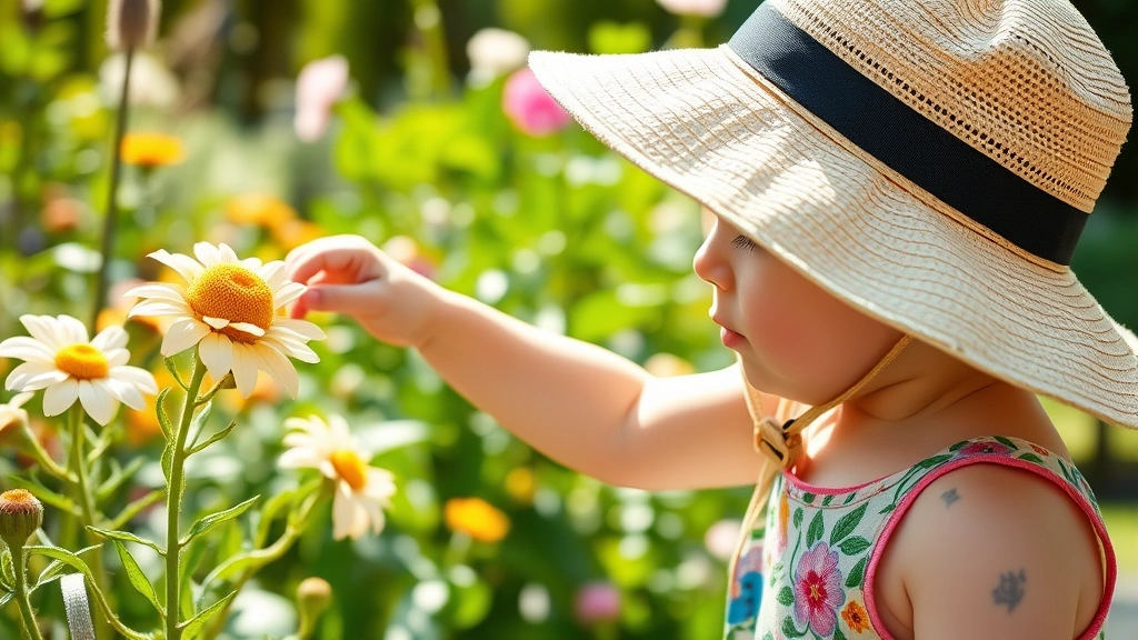 Toddler playing outdoors in summer wearing a wide-brimmed sun hat with chin strap, reaching toward flowers in a garden with dappled sunlight