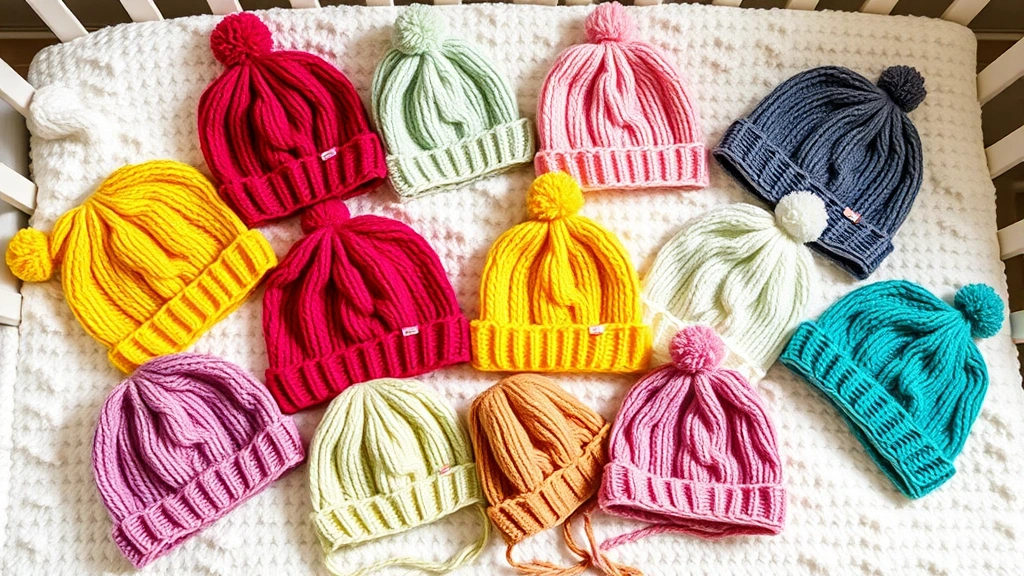 Collection of colorful baby hats and beanies arranged on soft blankets, various knit textures visible, nursery aesthetic, natural lighting