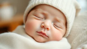 Newborn baby wearing a soft cotton beanie, peaceful expression, indoor lighting, close-up of face and head