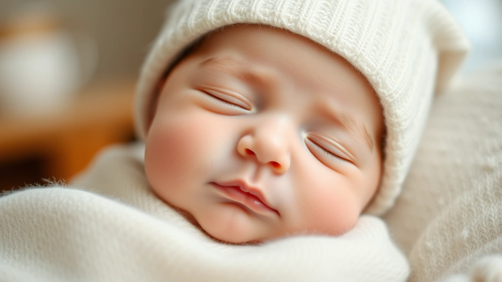 Newborn baby wearing a soft cotton beanie, peaceful expression, indoor lighting, close-up of face and head