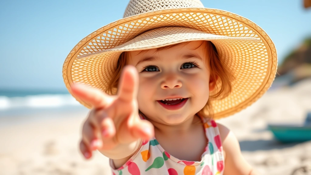 Toddler playing outdoors wearing a wide-brimmed sun hat, sunny beach setting, child reaching toward camera with joy