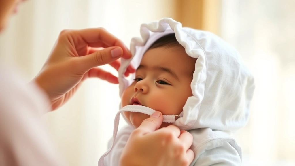 Parent carefully fitting a baby bonnet on infant's head, gentle hands adjusting chin strap, warm natural lighting, tender moment
