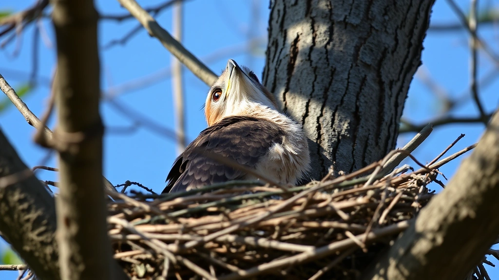 Young hawk nestling with fluffy downy feathers perched in a large stick nest high in a tree, looking upward with alert eyes
