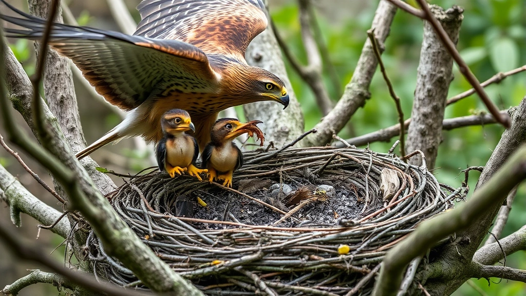 Parent hawk delivering freshly caught prey to hungry fledglings in nest, surrounded by branches and natural woodland setting