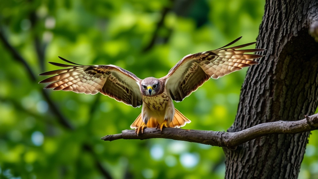 Fledgling hawk on a tree branch spreading its wings wide, practicing flight movements with blurred green forest background