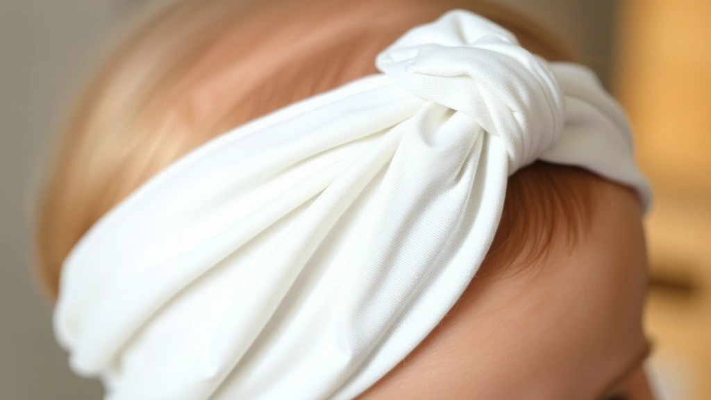Close-up of a soft cotton headband on a baby girl's head, natural lighting, showing the fabric texture and fit detail against skin