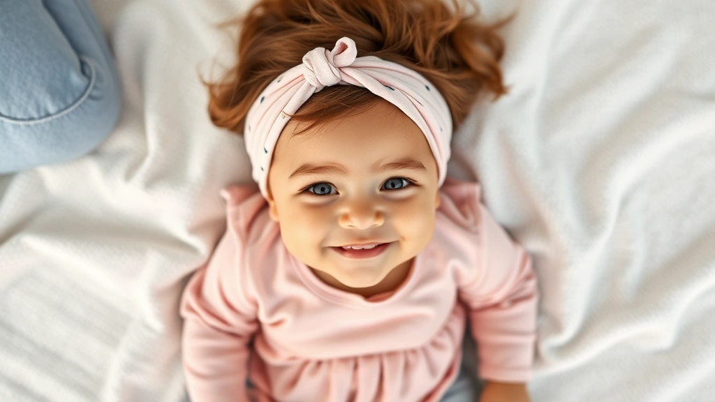 Overhead view of a smiling baby girl wearing a loose, breathable headband during supervised playtime on a soft blanket