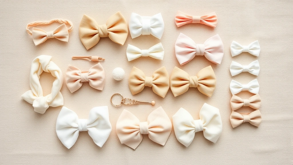 Flat lay composition of various baby accessories including soft headbands, bows, and clips arranged on neutral fabric background