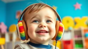Close-up of toddler wearing colorful, oversized soft headphones in a bright playroom, child smiling and relaxed, natural daylight
