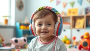 A toddler in a bright playroom wearing soft, oversized colorful headphones with a gentle smile, surrounded by musical toys and books, natural window light, warm and safe environment