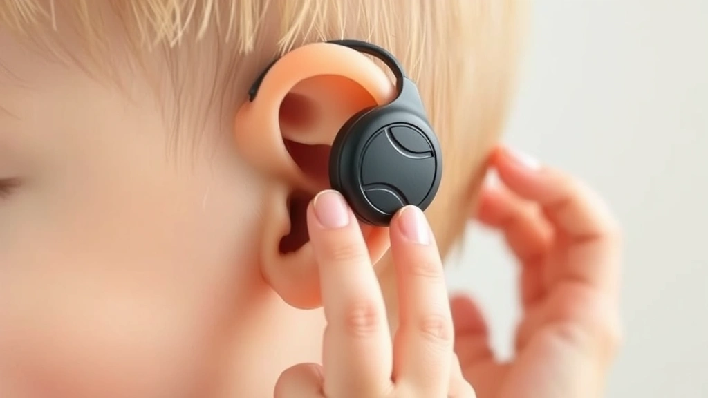 Close-up of a baby's ear with gentle hands adjusting small volume-limiting headphones, showing proper fit and comfort, soft neutral background, professional medical illustration style
