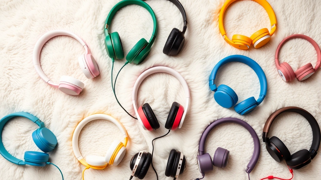 Flat lay arrangement of different sized headphones on soft blanket, showing variety of colors and styles, children's headphones prominently featured