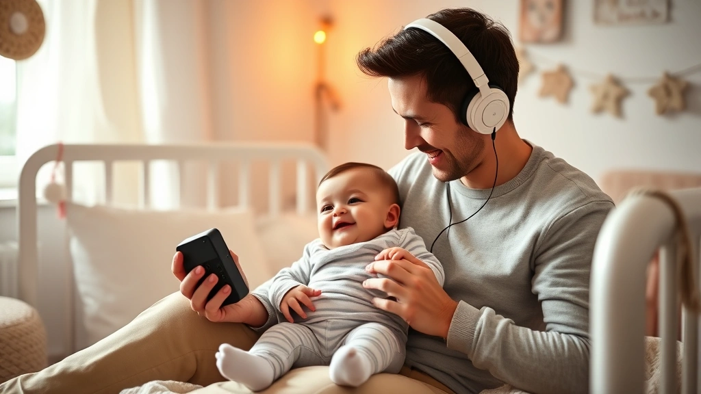A parent and baby in a cozy nursery with a small Bluetooth speaker playing music, both engaged and happy, natural warm lighting, showing alternative to headphones, no text visible