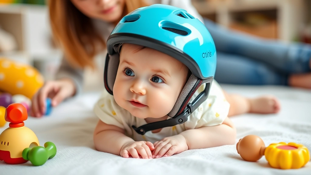 Infant wearing custom protective helmet during supervised tummy time on soft play mat with colorful toys nearby, natural lighting, gentle expression