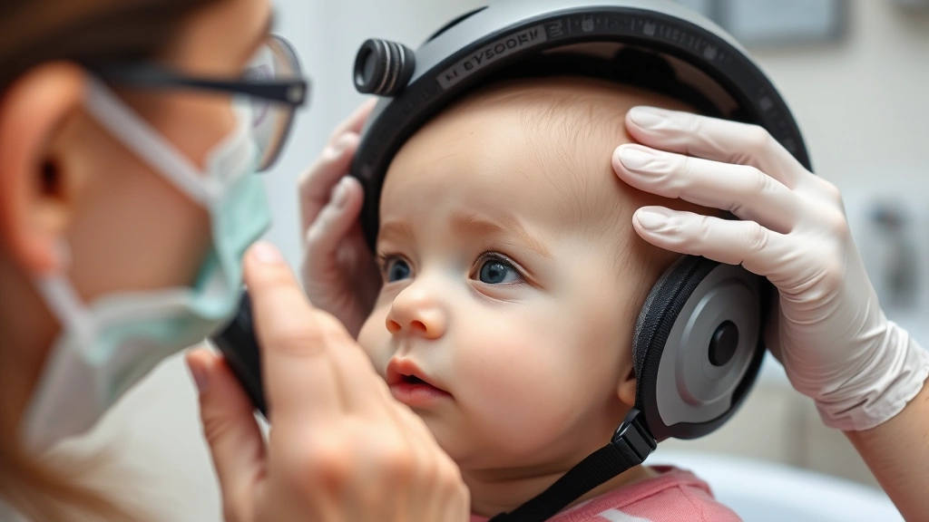 Close-up of baby's head being measured for custom helmet fitting at pediatric clinic, specialist using measurement tools, calm clinical environment