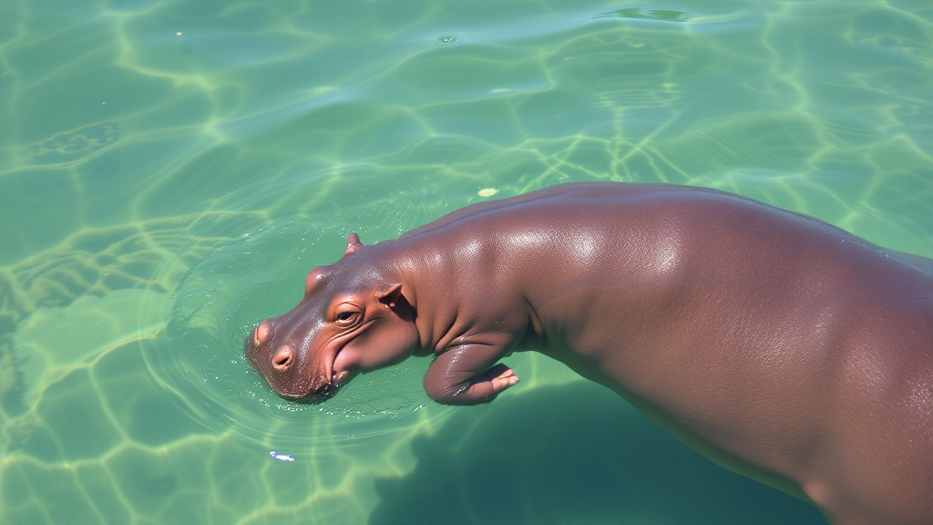 Adorable baby hippo swimming playfully with mother in crystal clear water, no text no words no letters