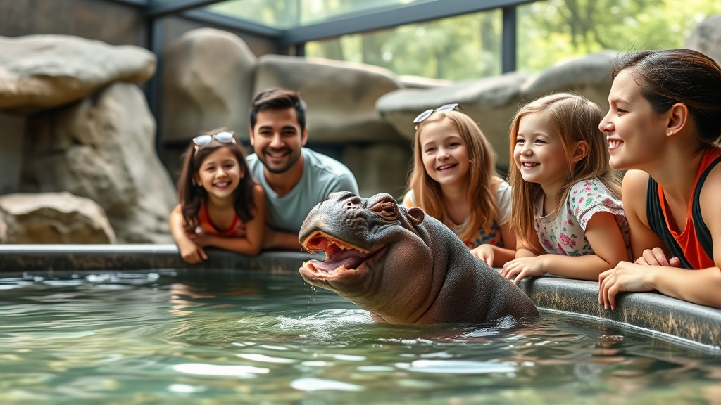 Happy family watching cute baby hippo at modern zoo exhibit, natural lighting, no text no words no letters