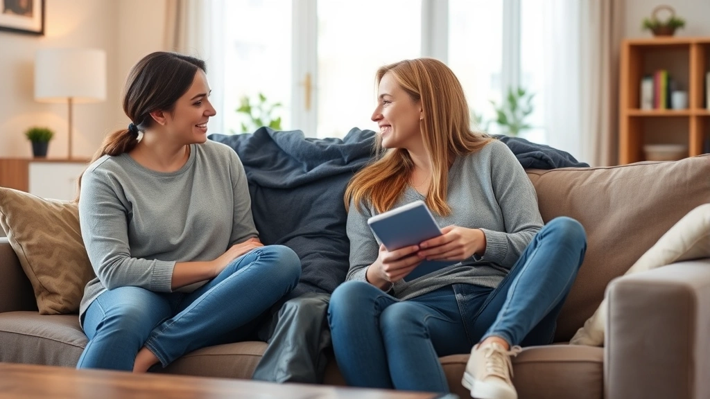 Parent and teenager sitting together on a couch having a conversation, warm living room environment, both looking engaged and comfortable with each other