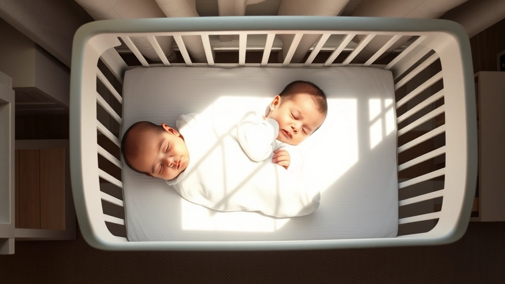 Overhead view of baby sleeping peacefully in white crib, soft morning light streaming through window, minimal nursery furniture, serene sleeping environment