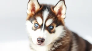 Close-up portrait of a fluffy husky puppy with striking blue eyes and alert expression, sitting on white background, natural lighting