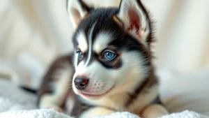 Close-up of a fluffy Siberian husky puppy with striking blue eyes and black-white facial markings, sitting on soft white blanket, natural lighting, photorealistic