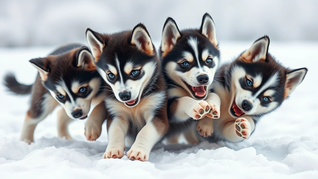 Three husky puppies playing together in snow, tumbling playfully with oversized paws visible, joyful expressions, winter landscape background, photorealistic